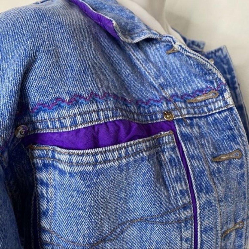 Vintage Ethics Jean Jacket Embroidered Cropped Pearl Button  Purple Details S - Picture 2 of 12